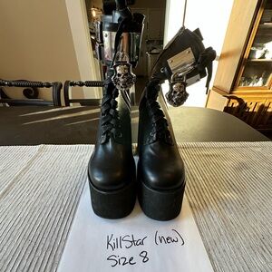 Killstar Black Platform Lace-Up Boots with Silver Skull Hardware